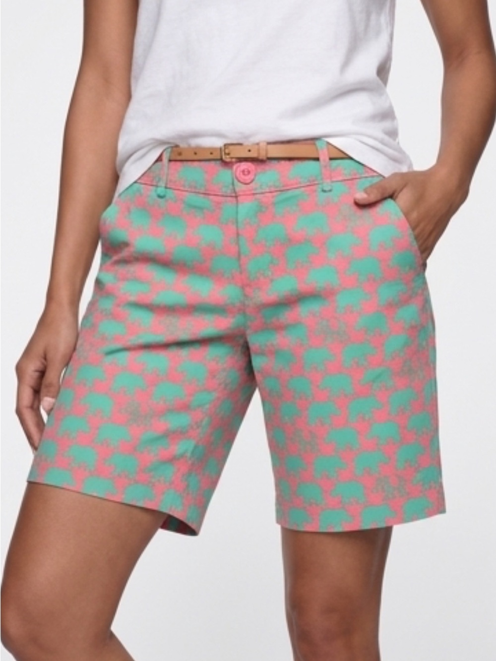 Tracy Negoshian Mint & Coral Patterned Bermuda Shorts